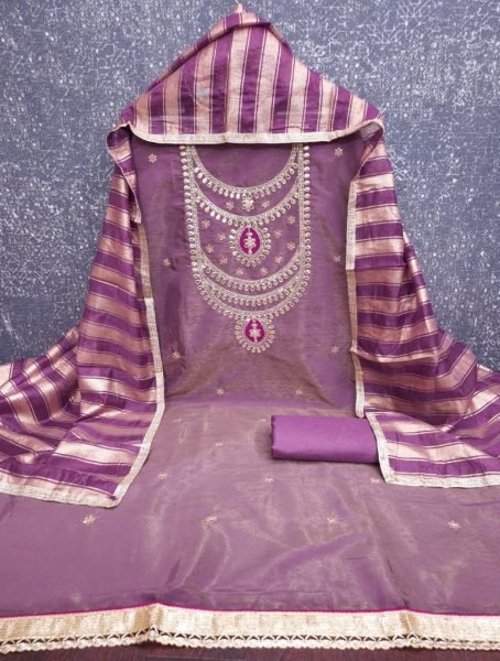 Purple Roman Simmer Silk Suit Material with Kodding Work and Chanderi Silk Dupatta Color Set Matching Dress Material Wholesale