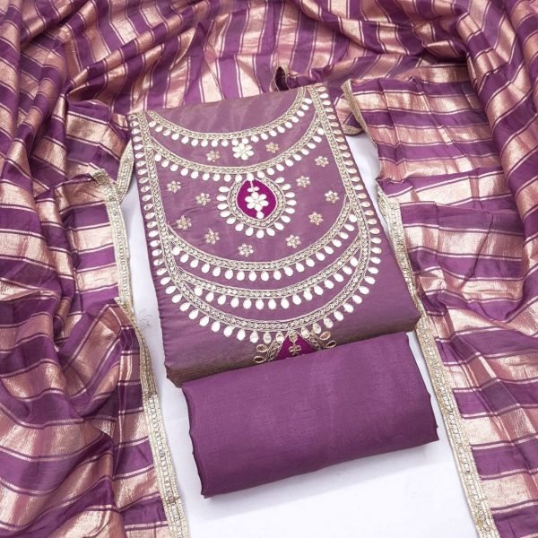 Purple Roman Simmer Silk Suit Material with Kodding Work and Chanderi Silk Dupatta Color Set Matching Dress Material Wholesale