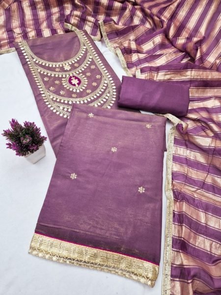 Purple Roman Simmer Silk Suit Material with Kodding Work and Chanderi Silk Dupatta Color Set Matching Dress Material Wholesale