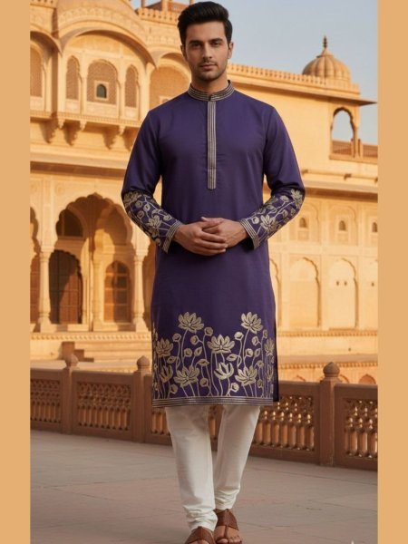 Purple Royal Celebrity Silk Kurta Pajama Set with Gold Foil Embroidery for Wedding Wear Mens Wear