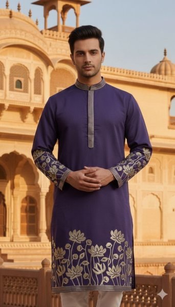 Purple Royal Celebrity Silk Kurta Pajama Set with Gold Foil Embroidery for Wedding Wear Kurta Pajama Wholesale