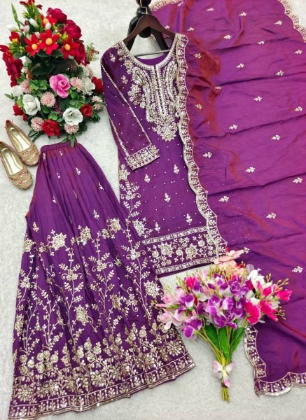 Purple Satin Silk Sharara Suit with Sequins and Moti Work for Wedding Wear Ready To Wear Collection