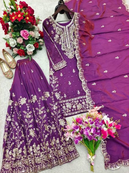 Purple Satin Silk Sharara Suit with Sequins and Moti Work for Wedding Wear Ready To Wear Collection