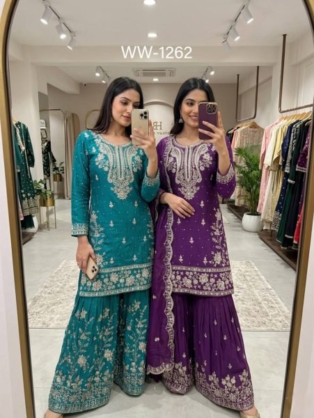 Purple Satin Silk Sharara Suit with Sequins and Moti Work for Wedding Wear Ready To Wear Collection