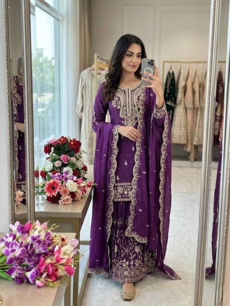 Purple Satin Silk Sharara Suit with Sequins and Moti Work for Wedding Wear Ready To Wear Collection