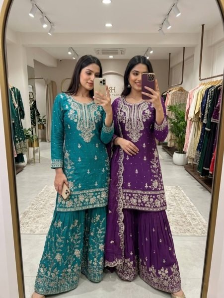 Purple Satin Silk Sharara Suit with Sequins and Moti Work for Wedding Wear Ready To Wear Collection