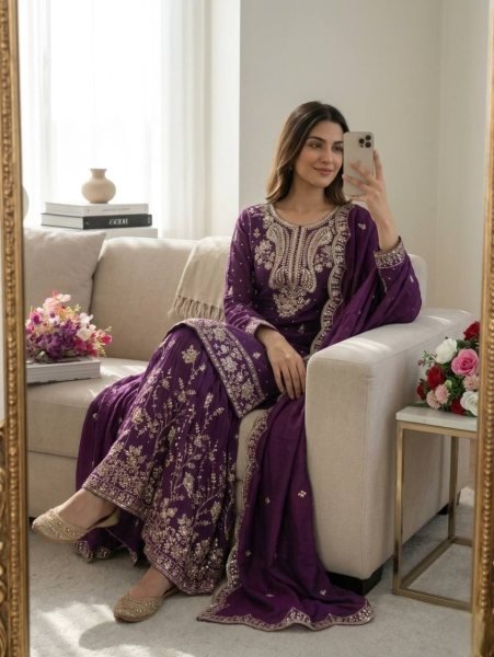 Purple Satin Silk Sharara Suit with Sequins and Moti Work for Wedding Wear Ready To Wear Collection