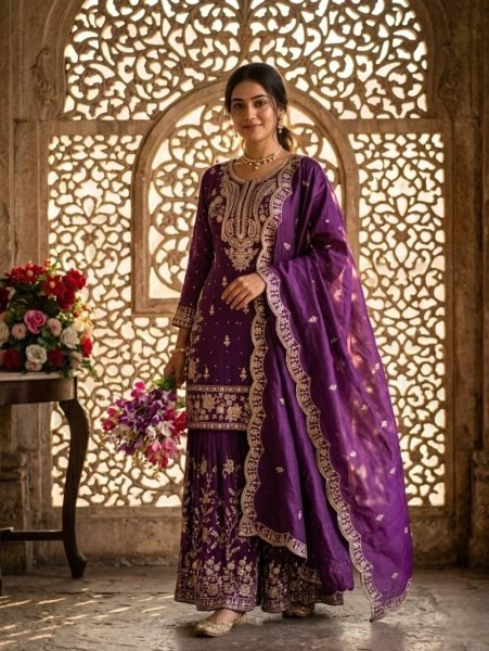 Purple Satin Silk Sharara Suit with Sequins and Moti Work for Wedding Wear Ready To Wear Collection