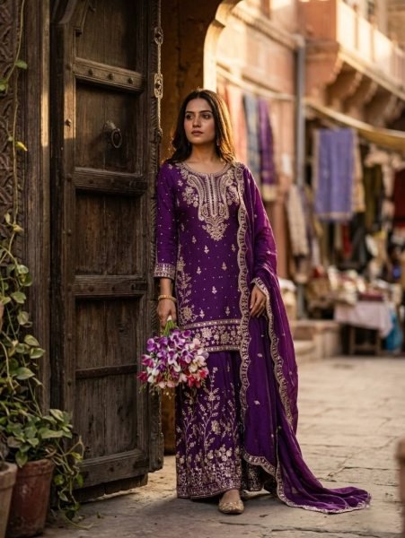 Purple Satin Silk Sharara Suit with Sequins and Moti Work for Wedding Wear Ready To Wear Collection