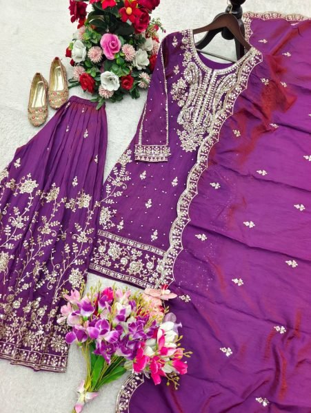 Purple Satin Silk Sharara Suit with Sequins and Moti Work for Wedding Wear Ready To Wear Collection