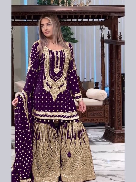 Purple Sequin Sharara Set in Faux Georgette Wedding Wear Look for Resellers  Ready To Wear Suit