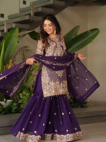 Purple Sharara Suit with Coding Embroidery Work at Wholesale Party Wear 