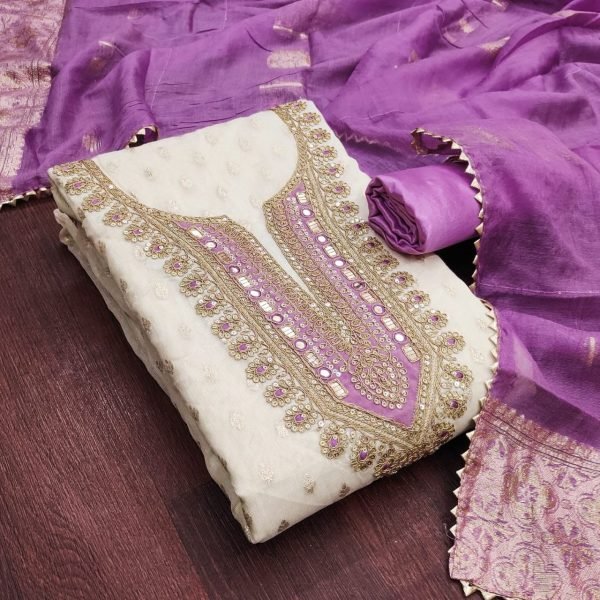 Purple Shimmer Silk Jacquard Suit with Gota Patti Work and Chanderi Silk Dupatta Color Set Matching Dress Material Wholesale