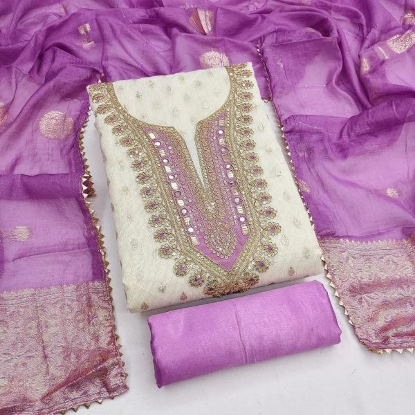 Purple Shimmer Silk Jacquard Suit with Gota Patti Work and Chanderi Silk Dupatta Color Set Matching Dress Material Wholesale