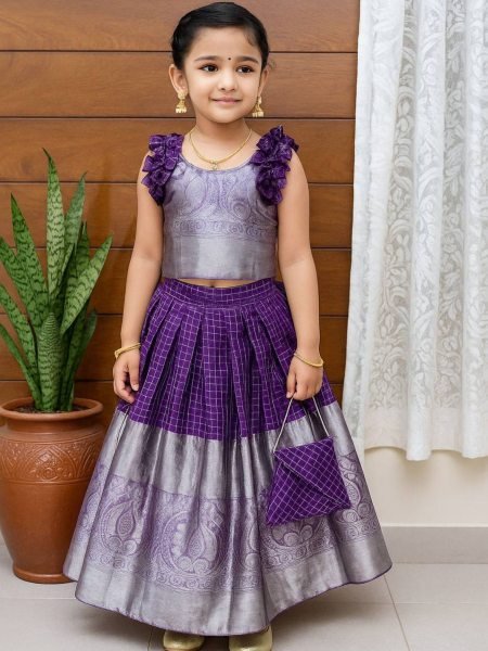 Royal Purple Organza Zari Lehenga Set For Little Girls at Festivals and Weddings Kurtis