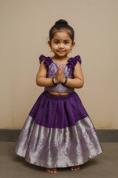 Royal Purple Organza Zari Lehenga Set For Little Girls at Festivals and Weddings Girls Wear