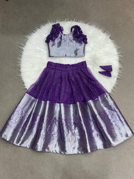 Royal Purple Organza Zari Lehenga Set For Little Girls at Festivals and Weddings Girls Wear