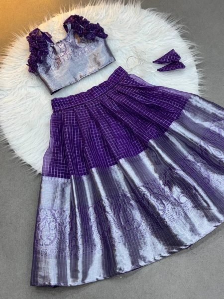 Royal Purple Organza Zari Lehenga Set For Little Girls at Festivals and Weddings Girls Wear