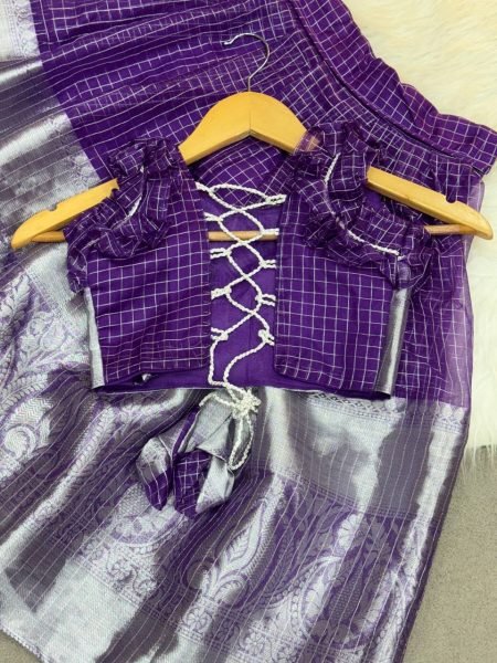 Royal Purple Organza Zari Lehenga Set For Little Girls at Festivals and Weddings Girls Wear