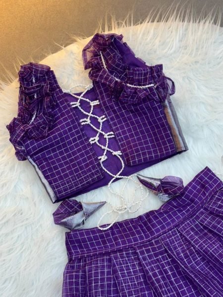 Royal Purple Organza Zari Lehenga Set For Little Girls at Festivals and Weddings Girls Wear