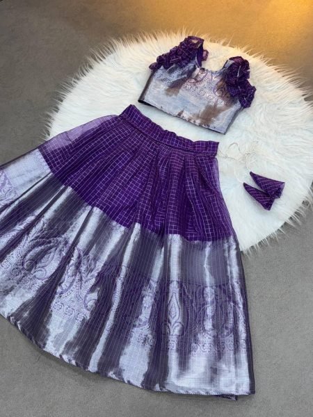 Royal Purple Organza Zari Lehenga Set For Little Girls at Festivals and Weddings Girls Wear