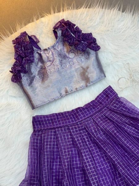 Royal Purple Organza Zari Lehenga Set For Little Girls at Festivals and Weddings Girls Wear
