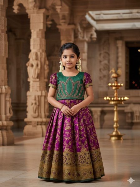 Purple South Indian Style Girls Jacquard Floral Pattu Langa Kurtis