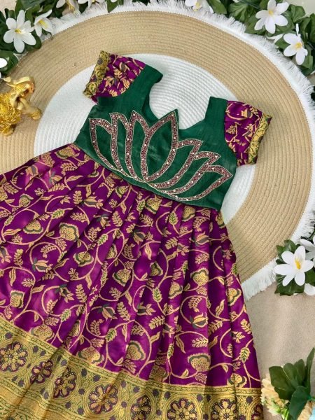 Purple South Indian Style Girls Jacquard Floral Pattu Langa Girls Wear