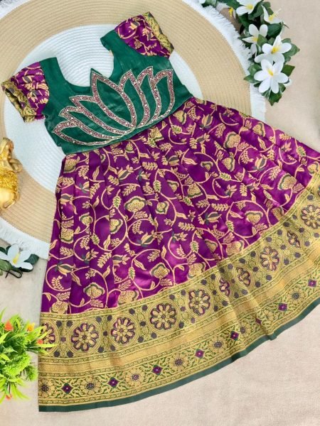 Purple South Indian Style Girls Jacquard Floral Pattu Langa Girls Wear