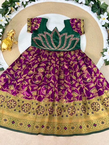 Purple South Indian Style Girls Jacquard Floral Pattu Langa Girls Wear
