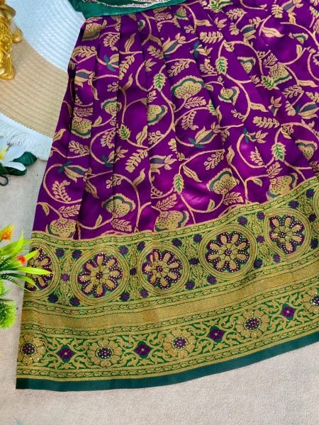 Purple South Indian Style Girls Jacquard Floral Pattu Langa Girls Wear