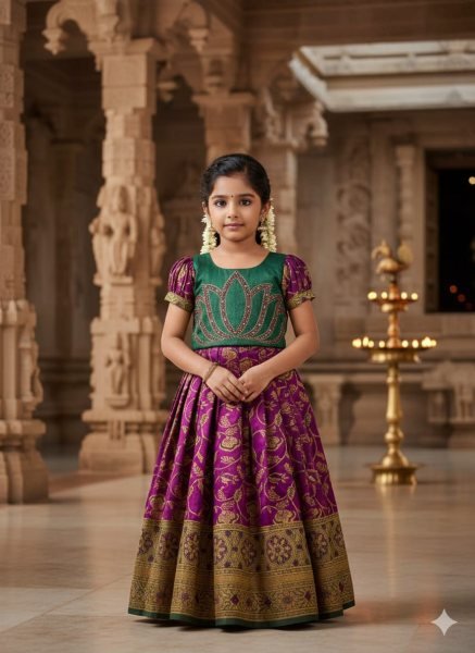 Purple South Indian Style Girls Jacquard Floral Pattu Langa Girls Wear