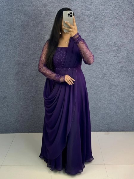 Purple Space Silk Embroidered Gown Set with Dupatta for Party Wear Anarkali Kurtis 