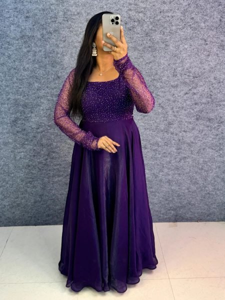 Purple Space Silk Embroidered Gown Set with Dupatta for Party Wear Anarkali Kurtis 