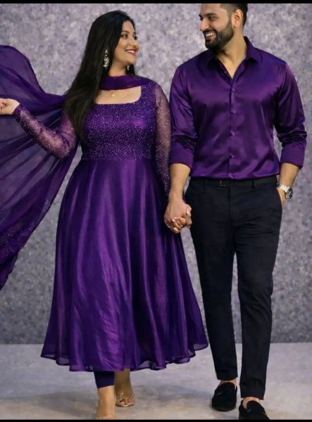 Purple Space Silk Embroidered Gown Set with Dupatta for Party Wear Anarkali Kurtis 