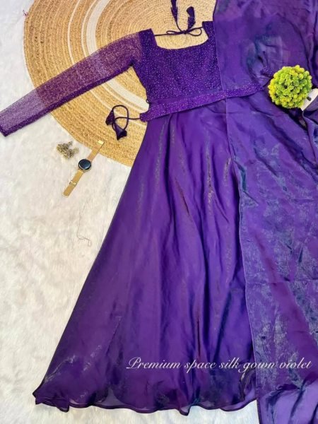 Purple Space Silk Embroidered Gown Set with Dupatta for Party Wear Anarkali Kurtis 