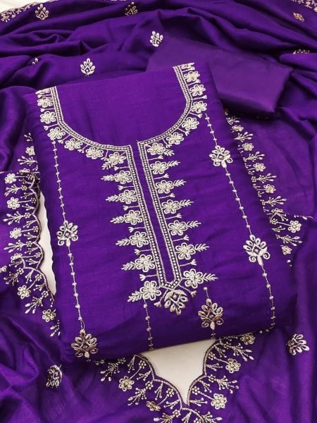 Purple Vichitra Silk Dress Material with Dupatta and Santoon Bottom at Low Price  Dress Material 