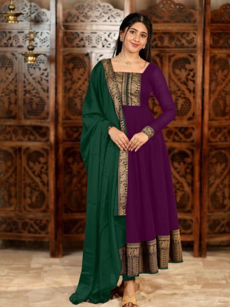 Purple Vichitra Silk Embroidered Kurti Set with Jacquard Lace Dupatta for Weddings Anarkali Kurtis 
