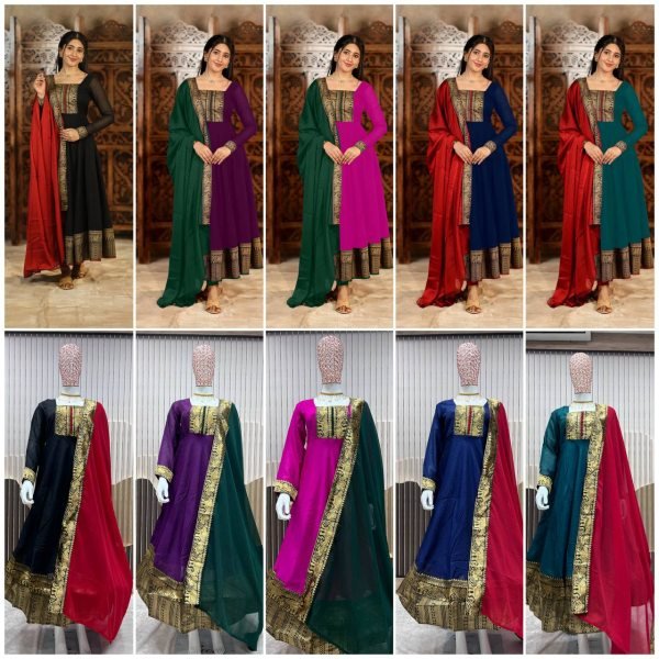 Purple Vichitra Silk Embroidered Kurti Set with Jacquard Lace Dupatta for Weddings Anarkali Kurtis 