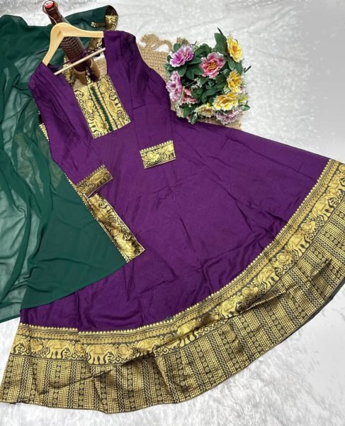 Purple Vichitra Silk Embroidered Kurti Set with Jacquard Lace Dupatta for Weddings Anarkali Kurtis 