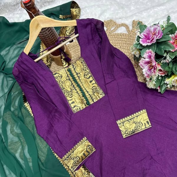 Purple Vichitra Silk Embroidered Kurti Set with Jacquard Lace Dupatta for Weddings Anarkali Kurtis 