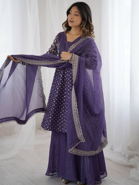Purple Wedding Special Crunchy Silk Sharara Set with Embroidery Dupatta at Manufacturer Price  