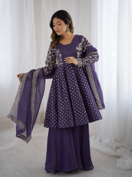 Purple Wedding Special Crunchy Silk Sharara Set with Embroidery Dupatta at Manufacturer Price  Plus Size Kurti / Gown