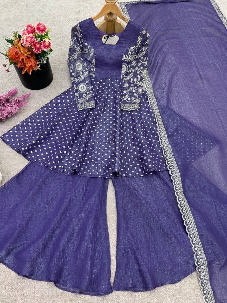 Purple Wedding Special Crunchy Silk Sharara Set with Embroidery Dupatta at Manufacturer Price  Plus Size Kurti / Gown