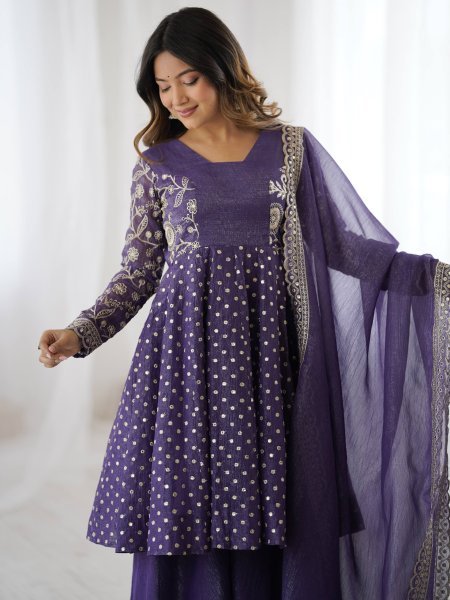 Purple Wedding Special Crunchy Silk Sharara Set with Embroidery Dupatta at Manufacturer Price  Plus Size Kurti / Gown