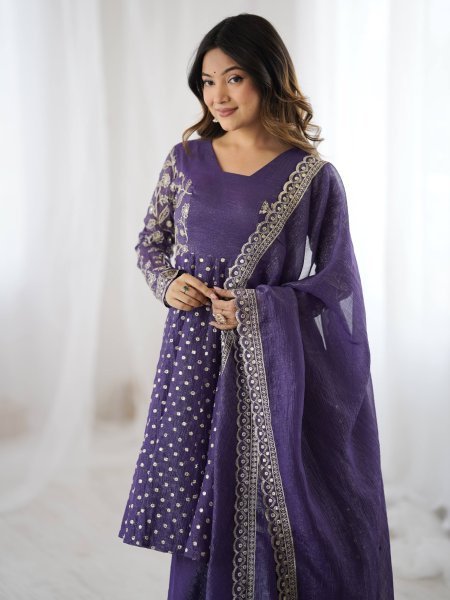 Purple Wedding Special Crunchy Silk Sharara Set with Embroidery Dupatta at Manufacturer Price  Plus Size Kurti / Gown