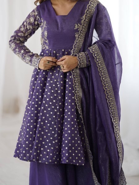 Purple Wedding Special Crunchy Silk Sharara Set with Embroidery Dupatta at Manufacturer Price  Plus Size Kurti / Gown