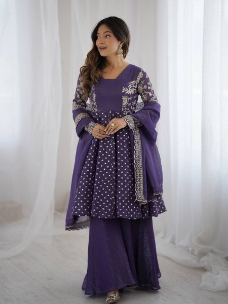 Purple Wedding Special Crunchy Silk Sharara Set with Embroidery Dupatta at Manufacturer Price  Plus Size Kurti / Gown