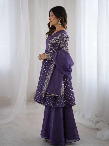 Purple Wedding Special Crunchy Silk Sharara Set with Embroidery Dupatta at Manufacturer Price  Plus Size Kurti / Gown