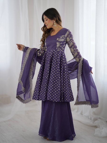 Purple Wedding Special Crunchy Silk Sharara Set with Embroidery Dupatta at Manufacturer Price  Plus Size Kurti / Gown